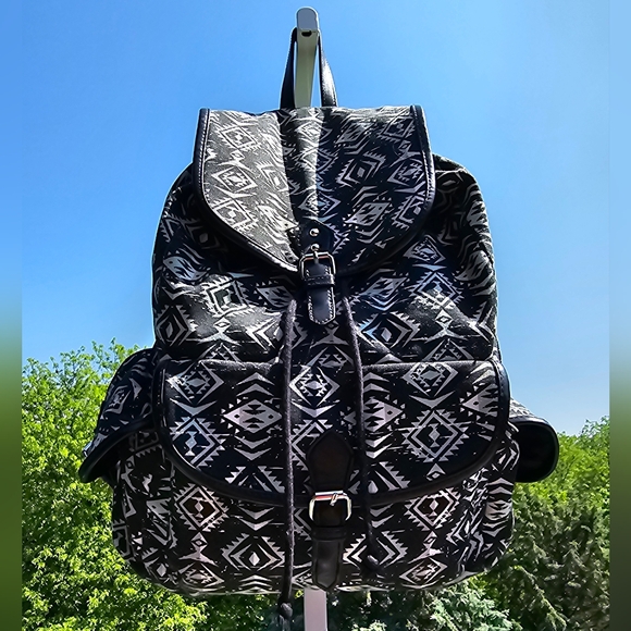 Handbags - AZTEC DESIGN Drawstring Backpack w/Vegan Leather Trim